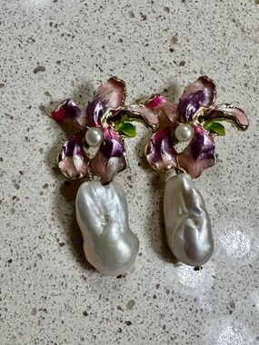 Mother of Pearl Earrings embellished with pink and purple flowers